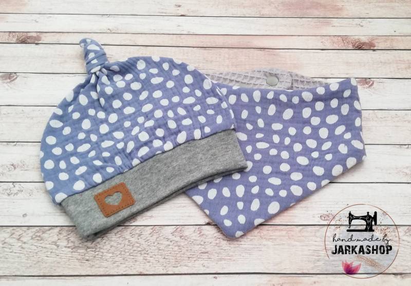 Baby Set Mütze & Halstuch Musselin-Waffelpique "Tupfen Hellblau-Weiß" Mit Namen, Bündchen, Leichte Sommer Mütze, Musselinmütze von Jarkashop