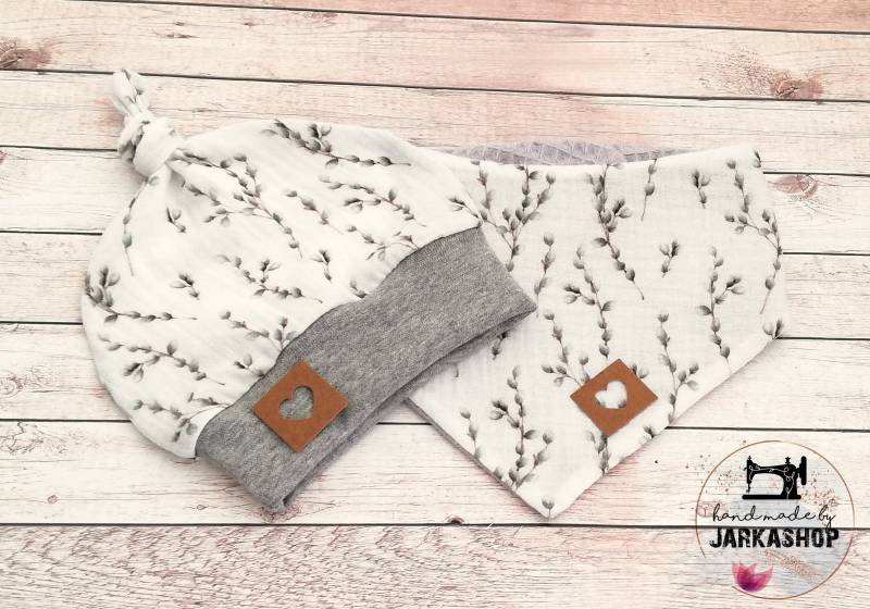 Baby Set Mütze & Halstuch Musselin-Waffelpique "Weidenkätzchenzweig"Mit Namen, Mit Bündchen, Leichte Sommer Mütze, Musselinmütze von Jarkashop