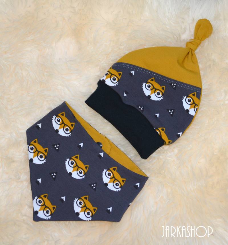 Baby Set Mütze & Wendehalstuch "Fuchs" Grau/Senf von Jarkashop