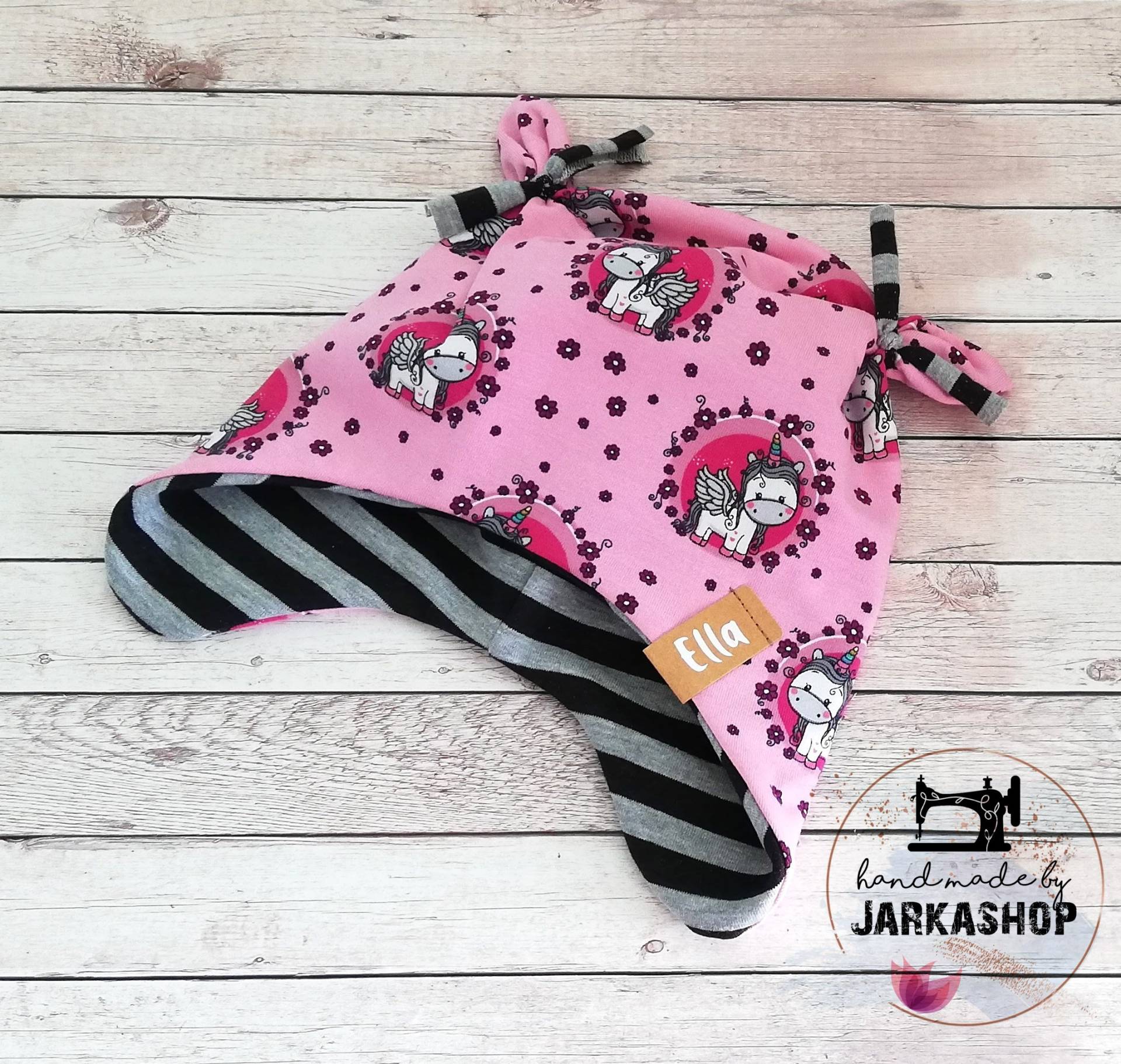 Gr. 38-40 Ku Baby/Kinder Ohrenmütze, Knotenmütze "Einhorn" Rosa/Schwarz Nach Wünsch Mit Namen, Personalisierung, Babybymütze, Mädchenmütze von Jarkashop