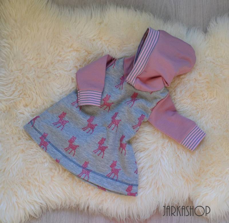 Gr. 68 Sweat Kapuzen Mädchen Kleid Longshirt Tunika Langarm Reh Rehkidz Rosa/Grau Warme Winter Herbst Kapuzen-Kleid von Jarkashop