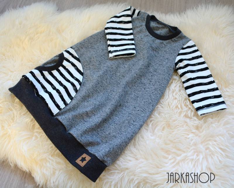 Gr.68 Balonkleid Mit Tasche; Tunika Tasche "streifen Grau-Weiß" Langarm Kleid von Jarkashop