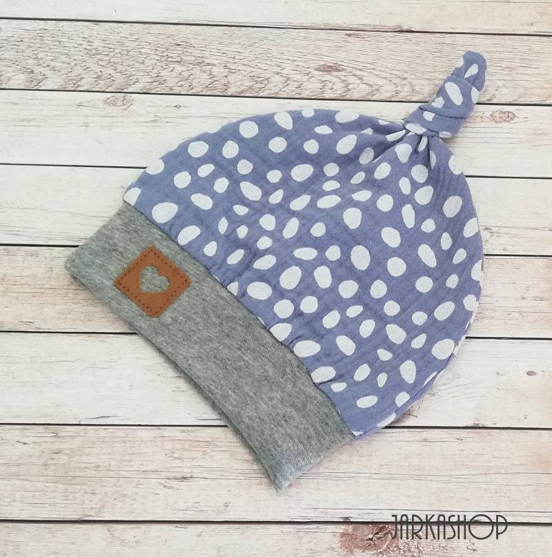 Knotenmütze Musselin Mit Bündchen, "Tupfen Hellblau-Weiß", Mütze, Babymütze, Kindermütze, Mütze Aus Musselin, Sommermütze von Jarkashop
