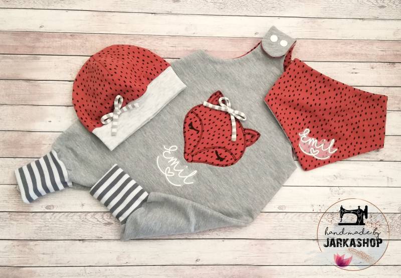 Strampler Baby, Latzhose, Babykleidung "Fuchs Grau - Rostrot" Bio Sweat Latzthose, Strampler, Geschenk Zur Geburt von Jarkashop