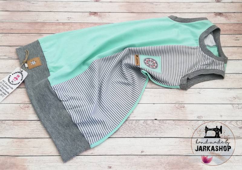 Versandfertig Gr. 92; 98 Kleid; Tunika "Maritim" Mint-Grau Streifen von Jarkashop