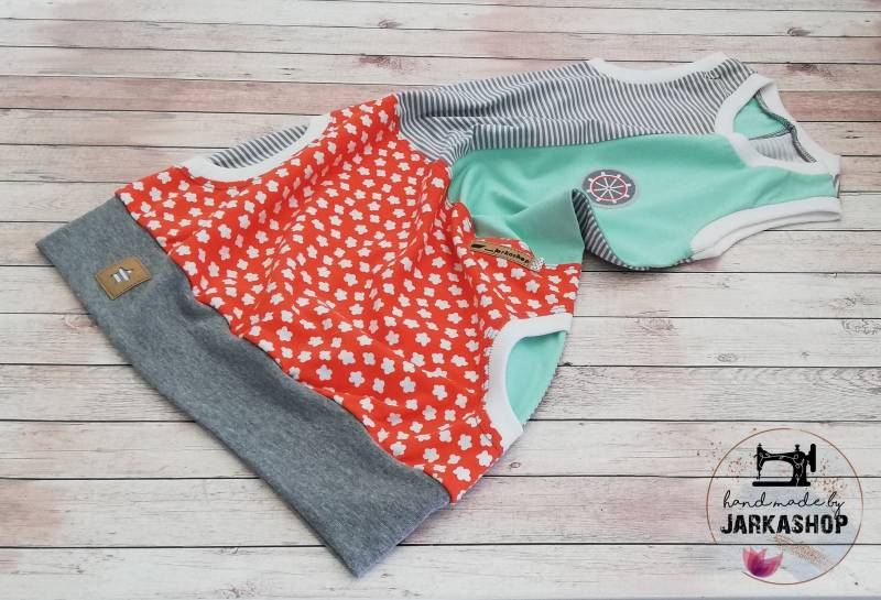 Versandfertig Gr. 98 Balonkleid; Tunika Mit Große Tasche "Maritim Mint-Grau-Orange" Streifen von Jarkashop