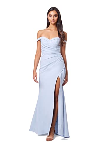 Jarlo London Damen Bluebell Bardot Maxikleid mit Schlitz am Oberschenkel und Knopf hinten Kleid, Powder Blue, 36 von Jarlo London