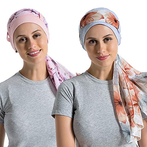 Bambus-Baumwollfutter Chemo-Kopfbedeckung für Frauen mit seidigen Schals für Krebs, Haarausfall, Schlafkappen, Beanie, Hellgrau + Hellrosa, Einheitsgröße von JarseHera