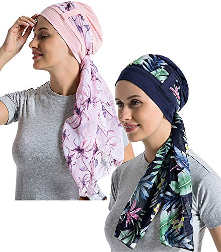 JarseHera Bambus-Baumwollfutter Chemo-Kopfbedeckung für Frauen mit seidigen Schals für Krebs, Haarausfall, Schlafkappen, Beanie, Marineblau + Hellrosa, 2 Paar, Einheitsgröße von JarseHera