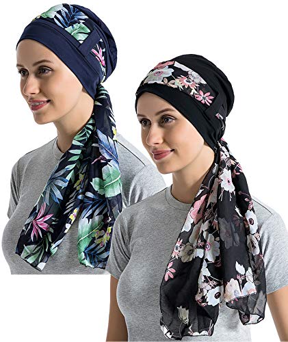 JarseHera Bambus-Baumwollfutter Chemo-Kopfbedeckung für Frauen mit seidigen Schals für Krebs Haarausfall Schlafmützen Beanie, Schwarz + Marineblau, 2 Paar, Einheitsgröße von JarseHera