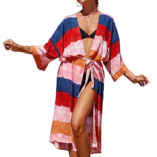 Jarseila 2024 Damen Sommer Strandkleid Kaftan Cardigan Kimono Strand Mittlere Länge Bikini Cover Up Casual Maxi Strandkleid Beachwear Regenbogen von Jarseila