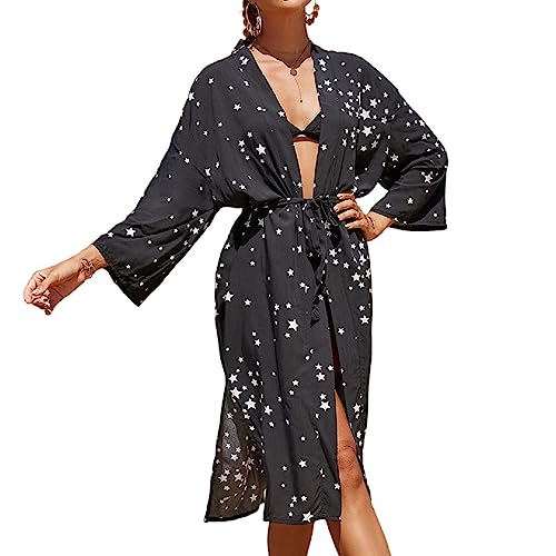 Jarseila 2024 Damen Sommer Strandkleid Kaftan Cardigan Kimono Strand Mittlere Länge Bikini Cover Up Casual Maxi Strandkleid Beachwear Schwarz von Jarseila