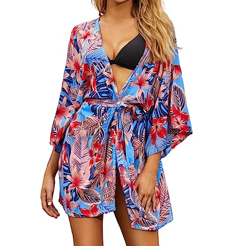 Jarseila 2023 Damen Sommer Strandkleid Kaftan Cardigan Kimono Strand Mittlere Länge Bikini Cover Up Casual Maxi Strandkleid Beachwear Tropischer Druck von Jarseila