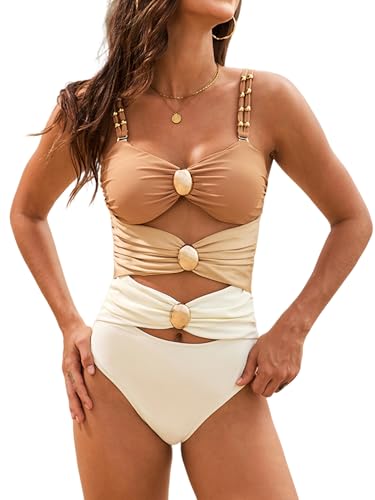 Jarseila 2025 Badeanzug Damen Neckholder Bademode Push up Bauchweg Cut-Out Monokinis mit Ring Metallschnalle Gelb XXL von Jarseila
