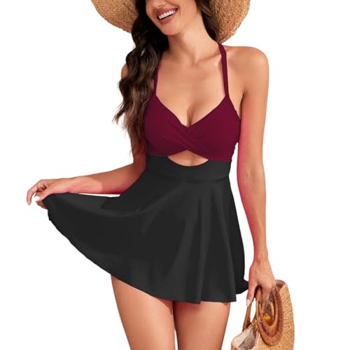 Jarseila Badeanzug mit Rock Damen Elegant Tankini Push up Monokini Bauchweg Badeanzug Hochwertiger Badekleid One Piece Schwimmrock 2025 Schwarz-Rot S von Jarseila