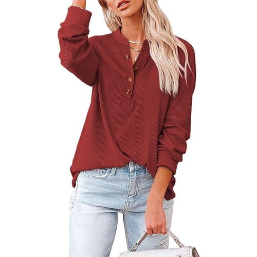 Jarseila Bluse Langarm Damen Hemden Langarmshirts Baumwolle Oberteile Einfarbig T-Shirt Basic Shirt Casual Tops Elegant Rot M von Jarseila