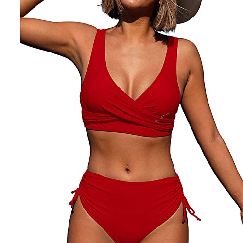 Jarseila Damen Push Up Bikini Set Crossover Bikini Zweiteiler Badeanzug Sexy V Ausschnitt Bikini High Waist Bademode #A-Rot L von Jarseila