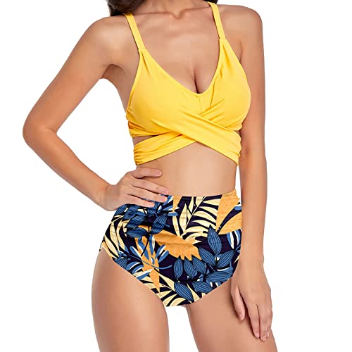 Jarseila Damen Bikini Set Sexy Zweiteiliger Badeanzug Bikini Oberteil Hohe Taille Bikinihose Elegant Push Up Bademode Tropischer-Gelb L von Jarseila