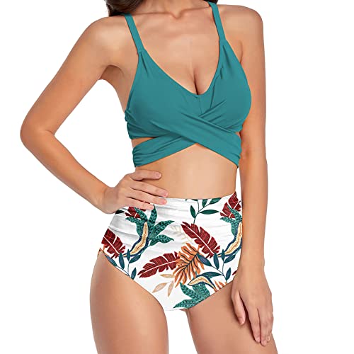 Jarseila Damen Bikini Set Sexy Zweiteiliger Badeanzug Bikini Oberteil Hohe Taille Bikinihose Elegant Push Up Bademode Tropischer-Grün XXL von Jarseila