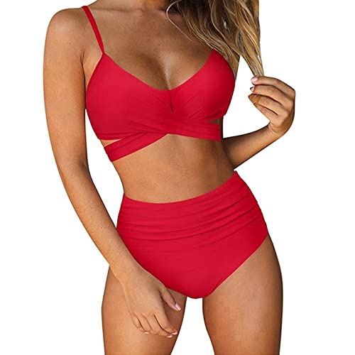 Jarseila Damen Bikini Set Sexy Zweiteiliger Badeanzug Bikini Oberteil Hohe Taille Bikinihose Elegant Push Up Bademode Rot S von Jarseila