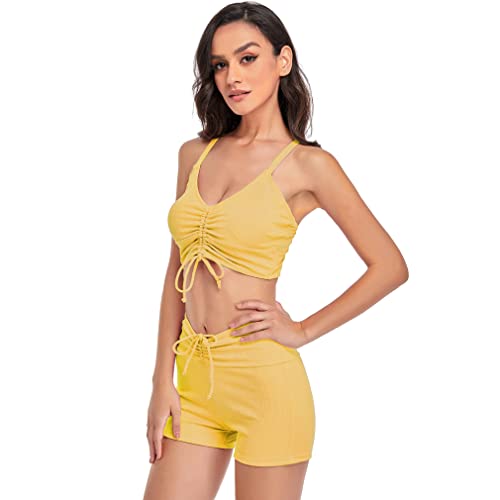 Jarseila Damen Bikini Set Zweiteiliger Badeanzug High Waist Badeshorts Push Up Pads Badeanzug Oberteil Bikinihose Sportlich Bikini, Gelb, XXL von Jarseila