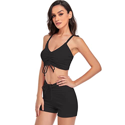 Jarseila Damen Bikini Set Zweiteiliger Badeanzug High Waist Badeshorts Push Up Pads Badeanzug Oberteil Bikinihose Sportlich Bikini, Schwarz, L von Jarseila