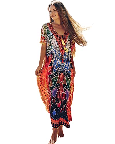 Jarseila Damen Boho Kaftan Strandkleid Maxi Langes Sarong Pareo Vertuschungen Blumenmuster Sommerkleid Strand Bikini Cover Up Beach Dresses #A-Geometrischer Druck Rot von Jarseila