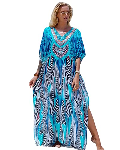 Jarseila Damen Boho Kaftan Strandkleid Maxi Langes Sarong Pareo Vertuschungen Blumenmuster Sommerkleid Strand Bikini Cover Up Beach Dresses #F-Blauer Zebradruck von Jarseila