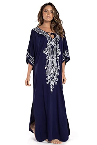 Jarseila Damen Boho Kaftan Strandkleid Maxi Langes Sarong Pareo Vertuschungen Blumenmuster Sommerkleid Strand Bikini Cover Up Beach Dresses #G-Elegante Baumwolle Dunkelblau von Jarseila