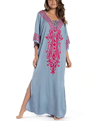 Jarseila Damen Boho Kaftan Strandkleid Maxi Langes Sarong Pareo Vertuschungen Blumenmuster Sommerkleid Strand Bikini Cover Up Beach Dresses #G-Elegante Baumwolle Grau von Jarseila