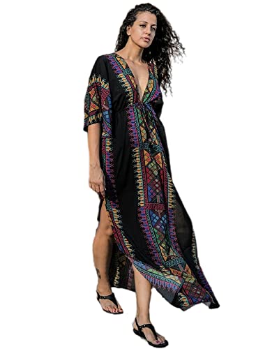 Jarseila Damen Boho Kaftan Strandkleid Maxi Langes Sarong Pareo Vertuschungen Blumenmuster Sommerkleid Strand Bikini Cover Up Beach Dresses #G-Elegante Baumwolle - Schwarz von Jarseila