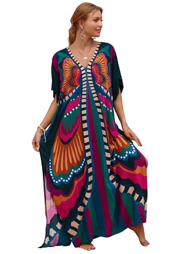 Jarseila Damen Boho Kaftan Strandkleid Maxi Langes Sarong Pareo Vertuschungen Blumenmuster Sommerkleid Strand Bikini Cover Up Beach Dresses Schwarzer Schmetterling von Jarseila