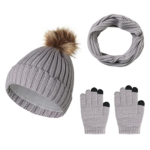 Jarseila Damen Bommel Mütze Schal und Handschuhe Set Strickmütze Wintermütze Loop Schal Touchscreen Handschuhe mit Fleecefutter Grau von Jarseila