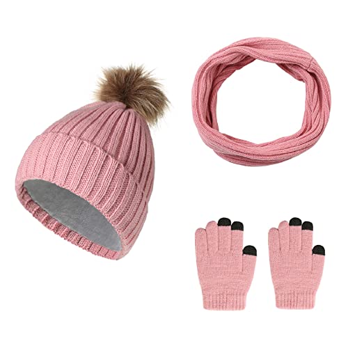 Jarseila Damen Bommel Mütze Schal und Handschuhe Set Strickmütze Wintermütze Loop Schal Touchscreen Handschuhe mit Fleecefutter Rosa von Jarseila