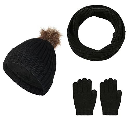 Jarseila Damen Bommel Mütze Schal und Handschuhe Set Strickmütze Wintermütze Loop Schal Touchscreen Handschuhe mit Fleecefutter Schwarz von Jarseila