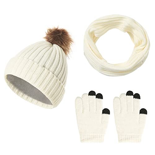 Jarseila Damen Bommel Mütze Schal und Handschuhe Set Strickmütze Wintermütze Loop Schal Touchscreen Handschuhe mit Fleecefutter Weiß von Jarseila