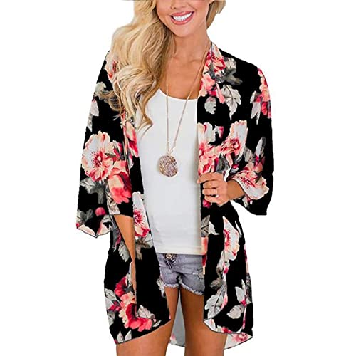 Jarseila Damen Cardigan Chiffon Bolero Florale Kimono Sommer Strand Bikini Cover Up Lose Bluse Tops Boho Leicht Casual 3/4 Ärmel Leichte Beachwear #B-Schwarz L von Jarseila