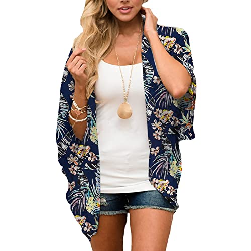 Jarseila Damen Cardigan Chiffon Bolero Florale Kimono Sommer Strand Bikini Cover Up Lose Bluse Tops Boho Leicht Casual 3/4 Ärmel Leichte Beachwear #C-Dunkelblau S von Jarseila