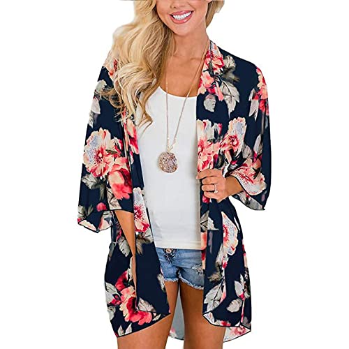 Jarseila Damen Cardigan Chiffon Bolero Florale Kimono Sommer Strand Bikini Cover Up Lose Bluse Tops Boho Leicht Casual 3/4 Ärmel Leichte Beachwear #D-Dunkelblau L von Jarseila