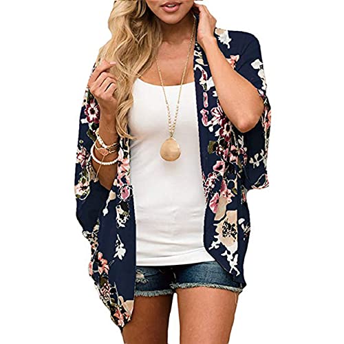 Jarseila Damen Cardigan Chiffon Bolero Florale Kimono Sommer Strand Bikini Cover Up Lose Bluse Tops Boho Leicht Casual 3/4 Ärmel Leichte Beachwear #E-Blau L von Jarseila