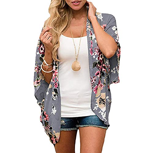 Jarseila Damen Cardigan Chiffon Bolero Florale Kimono Sommer Strand Bikini Cover Up Lose Bluse Tops Boho Leicht Casual 3/4 Ärmel Leichte Beachwear #F-Grau L von Jarseila