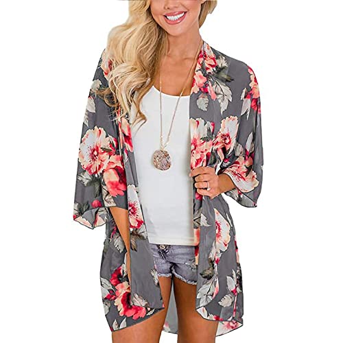 Jarseila Damen Cardigan Chiffon Bolero Florale Kimono Sommer Strand Bikini Cover Up Lose Bluse Tops Boho Leicht Casual 3/4 Ärmel Leichte Beachwear #H-Grau S von Jarseila