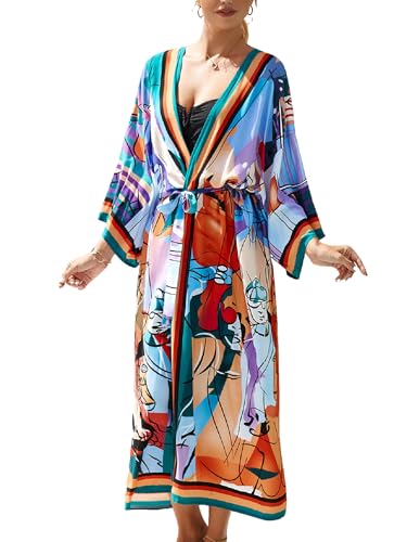 Jarseila Damen Kaftan Boho Kimono Lange Strickjacke Damen Kaftan Strandkleid Übergroßer Bikini Cover Up Geräumige Vertuschungsroben Sommer Beachwear #B-Blau Lila von Jarseila