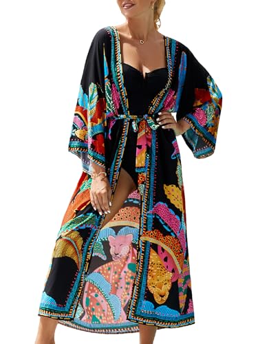 Jarseila Damen Kaftan Boho Kimono Lange Strickjacke Damen Kaftan Strandkleid Übergroßer Bikini Cover Up Geräumige Vertuschungsroben Sommer Beachwear #B-Schwarz von Jarseila