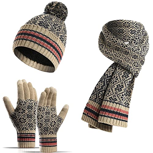 Jarseila Damen Mütze Schal und Handschuhe Set Winter Warme Bommel Beanie Wintermütze Touchscreen Handschuhe Lang Winterschal mit Fleecefutter Geschenk Beige von Jarseila