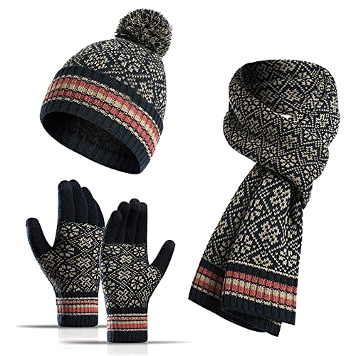 Jarseila Damen Mütze Schal und Handschuhe Set Winter Warme Bommel Beanie Wintermütze Touchscreen Handschuhe Lang Winterschal mit Fleecefutter Geschenk Blau von Jarseila