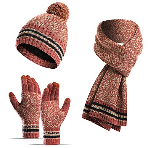 Jarseila Damen Mütze Schal und Handschuhe Set Winter Warme Bommel Beanie Wintermütze Touchscreen Handschuhe Lang Winterschal mit Fleecefutter Geschenk Rosa von Jarseila