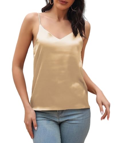 Jarseila Damen Satin Tank Top Seide Cami Camisole Damen Satin Bluse Elegant Unterhemden Spaghettiträger Basic Blusen Shirt Khaki M von Jarseila