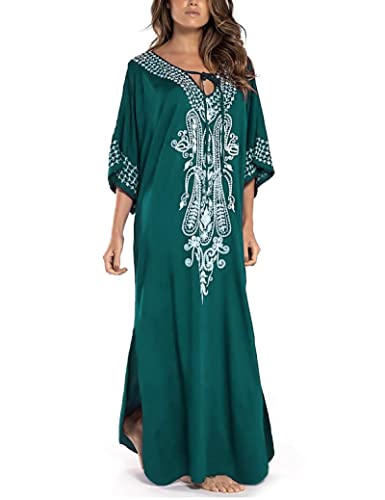 Jarseila Damen Boho Kaftan Strandkleid Maxi Langes Sarong Pareo Vertuschungen Blumenmuster Sommerkleid Strand Bikini Cover Up Beach Dresses #G-Elegante Baumwolle Grün von Jarseila