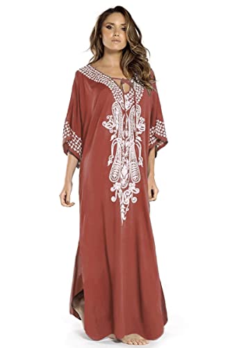 Jarseila Damen Boho Kaftan Strandkleid Maxi Langes Sarong Pareo Vertuschungen Blumenmuster Sommerkleid Strand Bikini Cover Up Beach Dresses #G-Elegante Baumwolle Rot von Jarseila